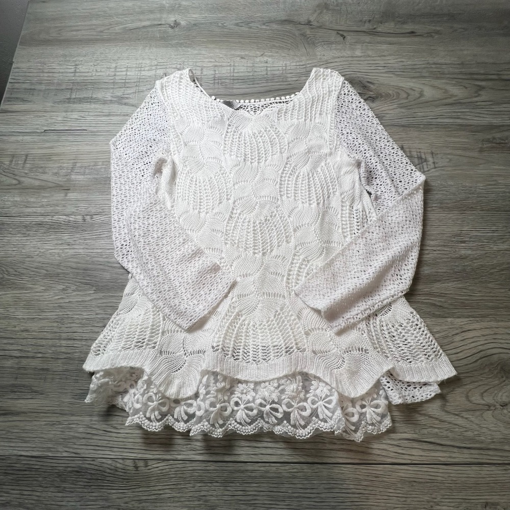 LA SEINE Crochet Top Womens‎ Small White Lace Layered Boho Long Sleeve AC38